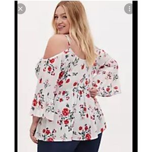Torrid Ivory Floral Gauze Button Cold Shoulder Bell Sleeve Top